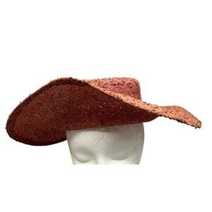 Vintage Pink Textured Straw Wide Brim Sun Hat texter OS 14X14" READ